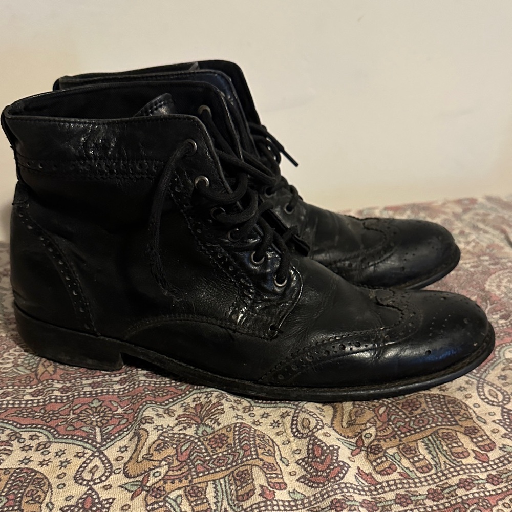 Classic Black Leather Wingtip Dress Boots